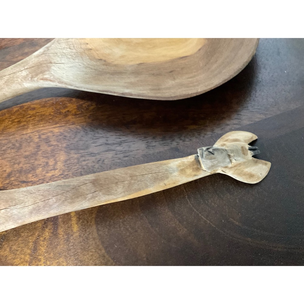 Vintage Hand Carved Giraffe Wooden Salad Servers Set Fork Spoon Rustic Safari - Picture 2 of 6